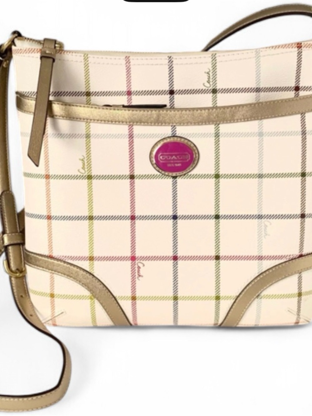 Coach Cream Plaid Crossbody with Metallic Gold Trim and Pink Logo